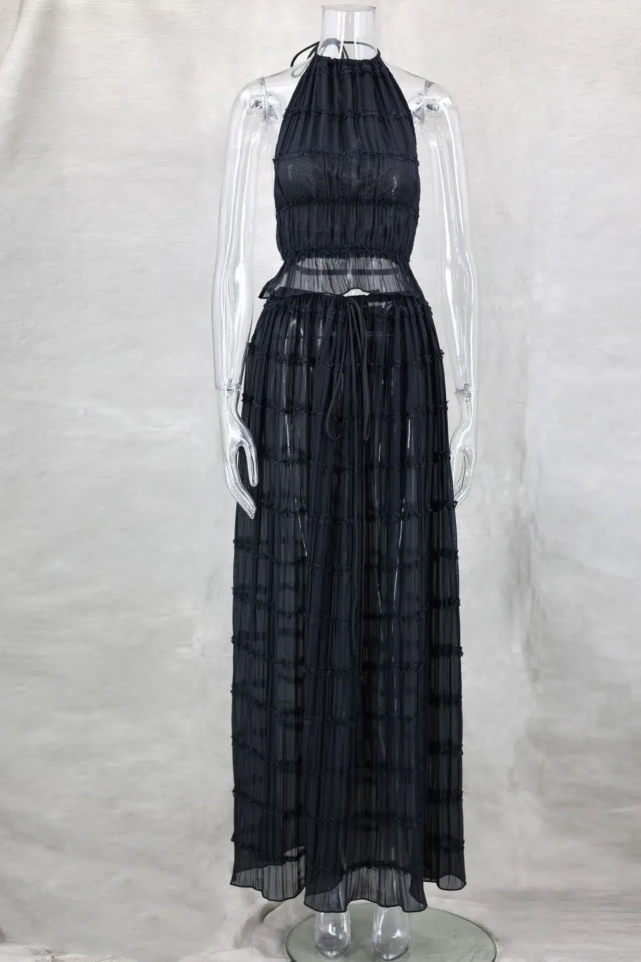 Summer Women Dress Suit Halter Lace up Backless Sexy Top Lace Long Skirt Female 2 Piece Set Fashion Holiday Beach Clothes Lady