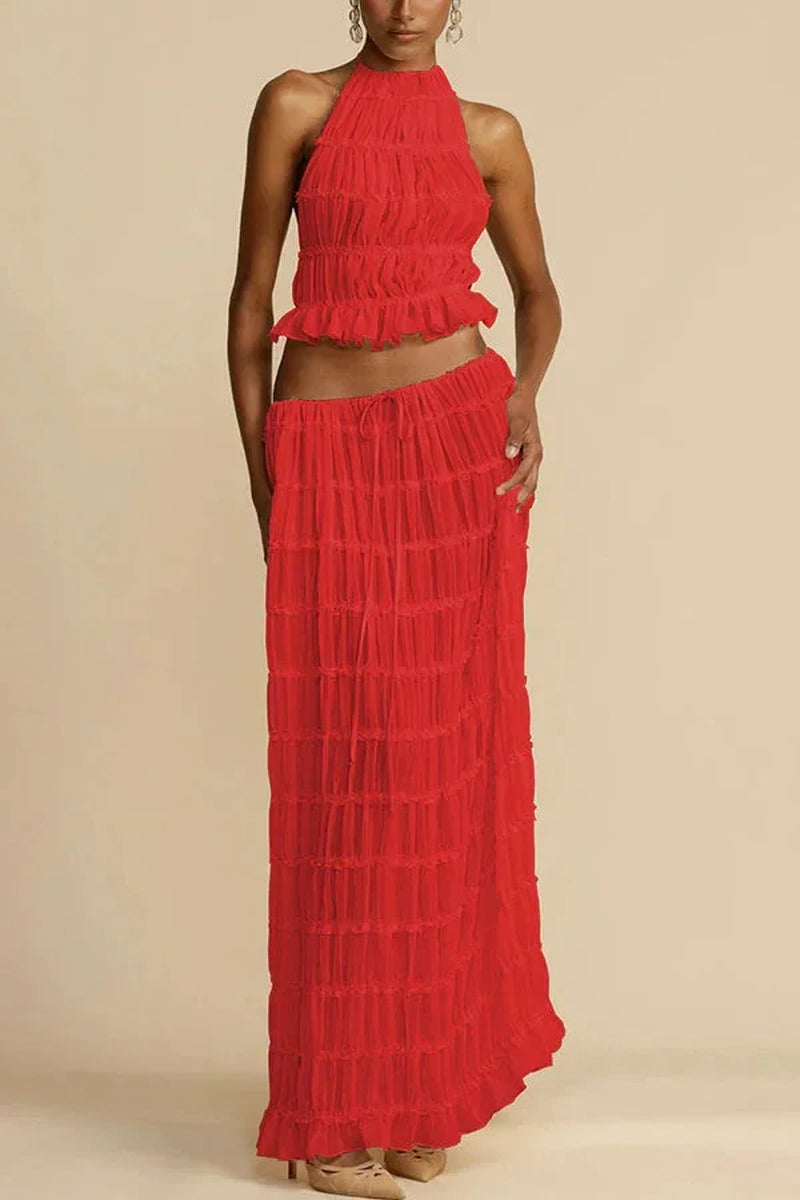 Summer Women Dress Suit Halter Lace up Backless Sexy Top Lace Long Skirt Female 2 Piece Set Fashion Holiday Beach Clothes Lady