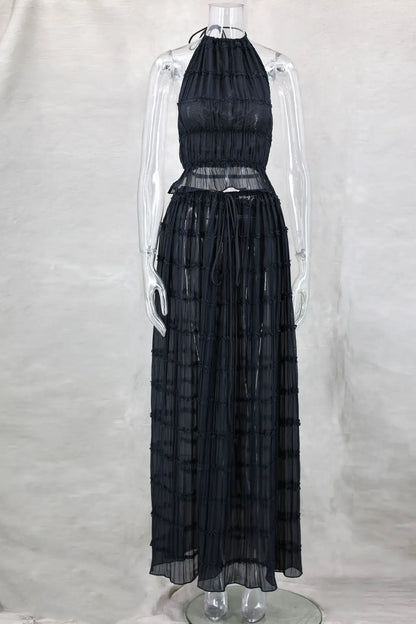Summer Women Dress Suit Halter Lace up Backless Sexy Top Lace Long Skirt Female 2 Piece Set Fashion Holiday Beach Clothes Lady
