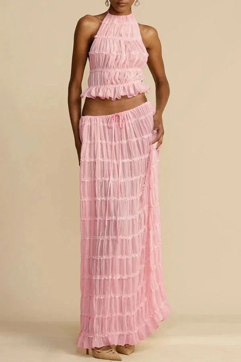 Summer Women Dress Suit Halter Lace up Backless Sexy Top Lace Long Skirt Female 2 Piece Set Fashion Holiday Beach Clothes Lady