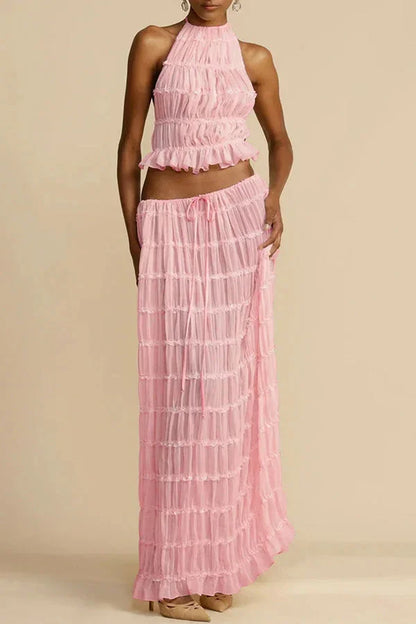 Summer Women Dress Suit Halter Lace up Backless Sexy Top Lace Long Skirt Female 2 Piece Set Fashion Holiday Beach Clothes Lady