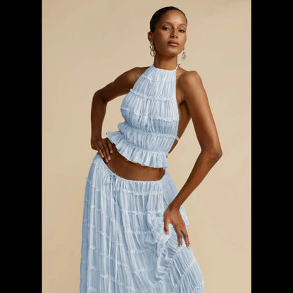 Summer Women Dress Suit Halter Lace up Backless Sexy Top Lace Long Skirt Female 2 Piece Set Fashion Holiday Beach Clothes Lady