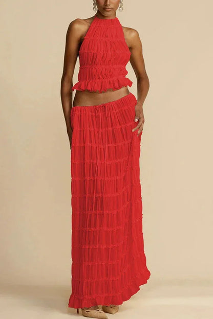 Summer Women Dress Suit Halter Lace up Backless Sexy Top Lace Long Skirt Female 2 Piece Set Fashion Holiday Beach Clothes Lady