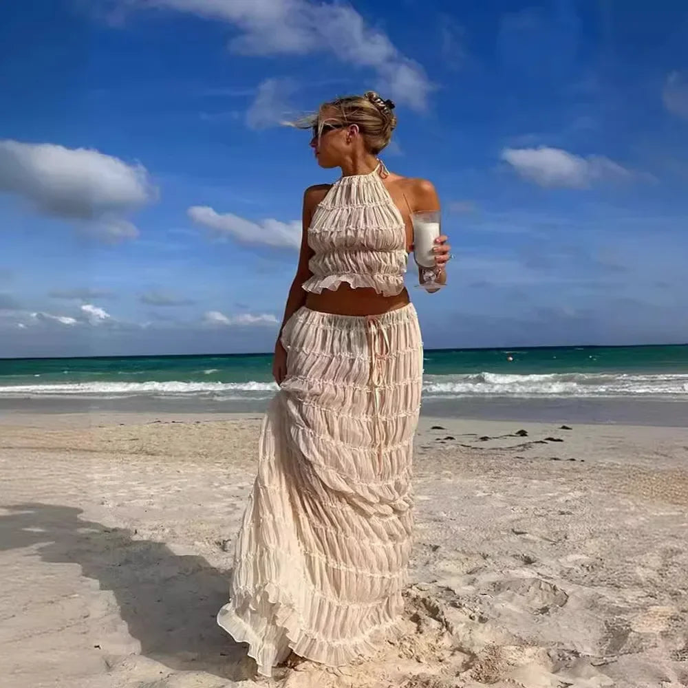 Summer Women Dress Suit Halter Lace up Backless Sexy Top Lace Long Skirt Female 2 Piece Set Fashion Holiday Beach Clothes Lady