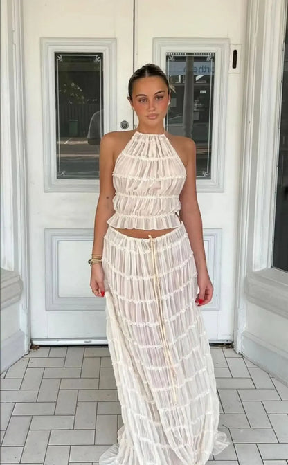 Summer Women Dress Suit Halter Lace up Backless Sexy Top Lace Long Skirt Female 2 Piece Set Fashion Holiday Beach Clothes Lady