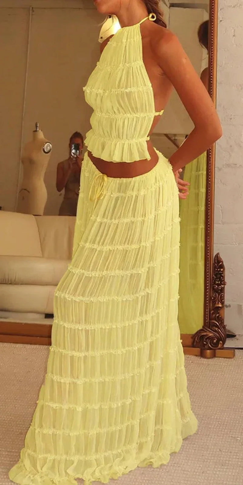 Summer Women Dress Suit Halter Lace up Backless Sexy Top Lace Long Skirt Female 2 Piece Set Fashion Holiday Beach Clothes Lady